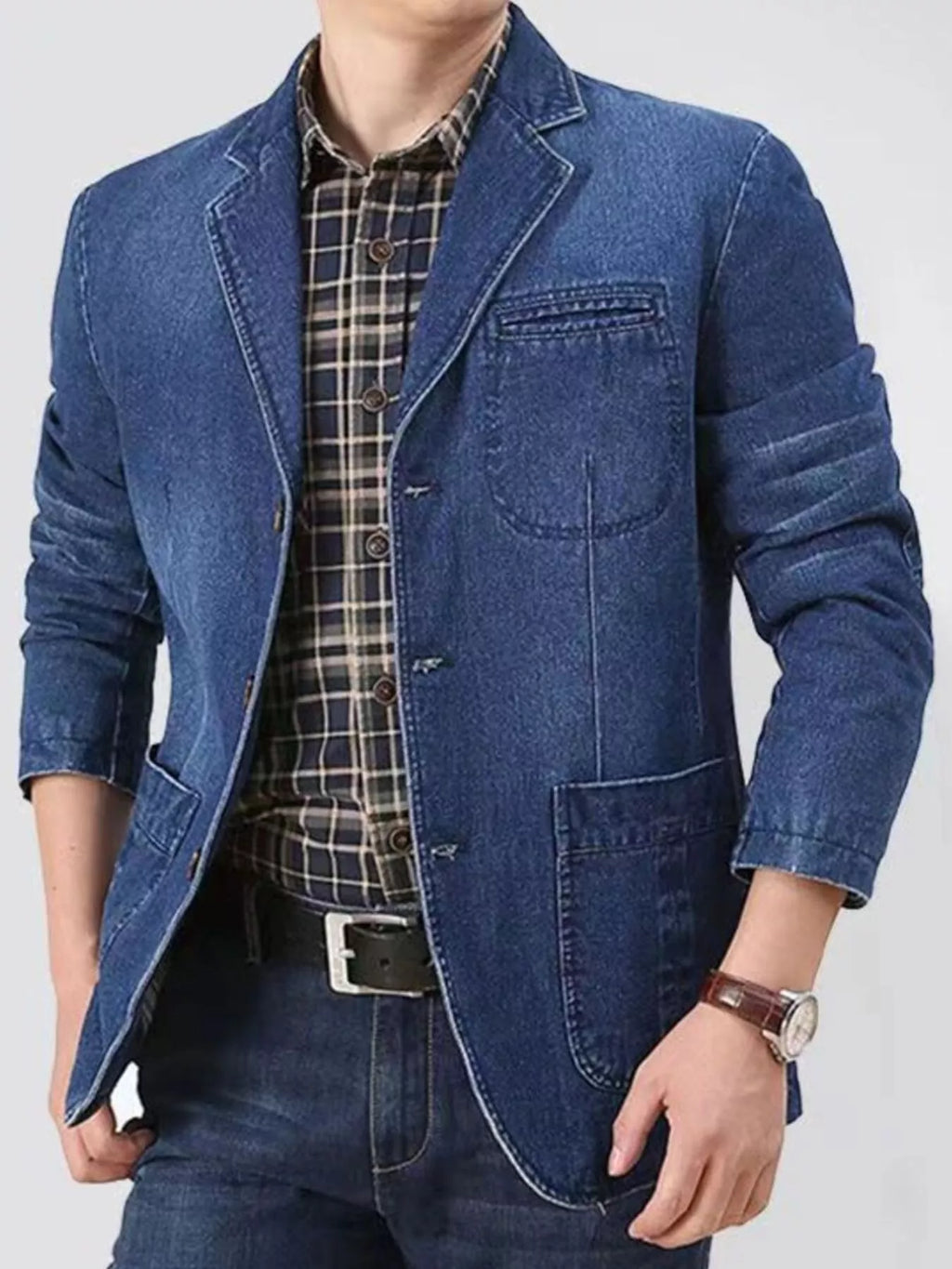 Men's Plus Size Button Down Denim Blazer Jacket