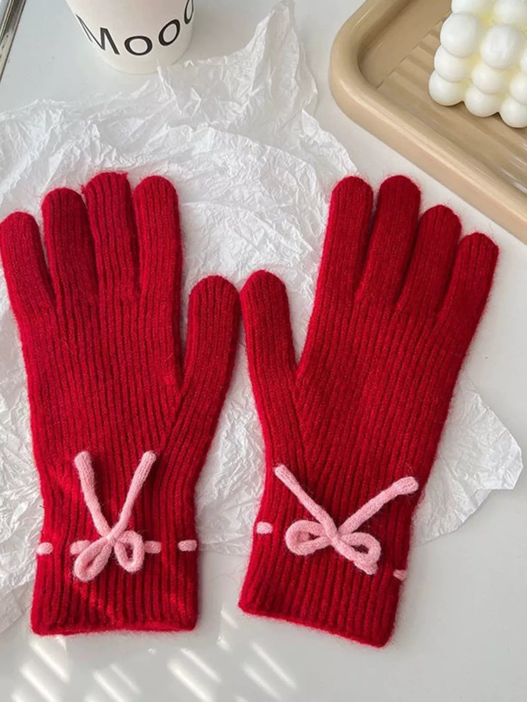 Knitted Gloves with Bow Accent