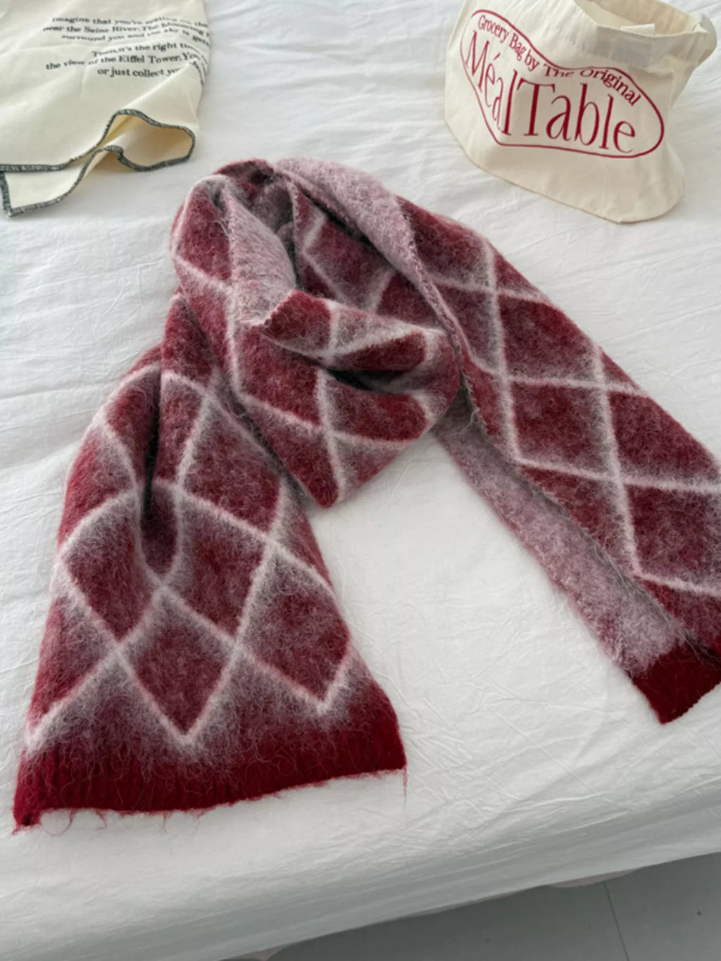 Diamond Pattern Fuzzy Knit Scarf