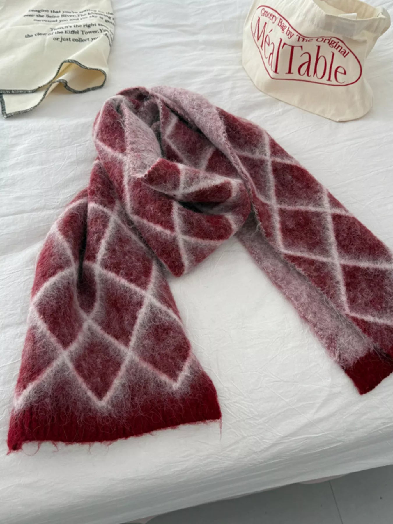 Diamond Pattern Fuzzy Knit Scarf