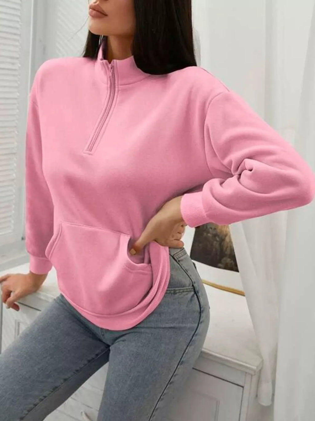 Zip-Up Collar Sweatshirt with Pocket