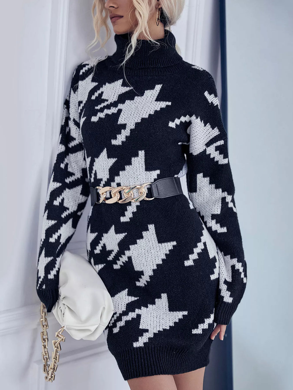 Houndstooth Pattern Turtleneck Sweater Dress