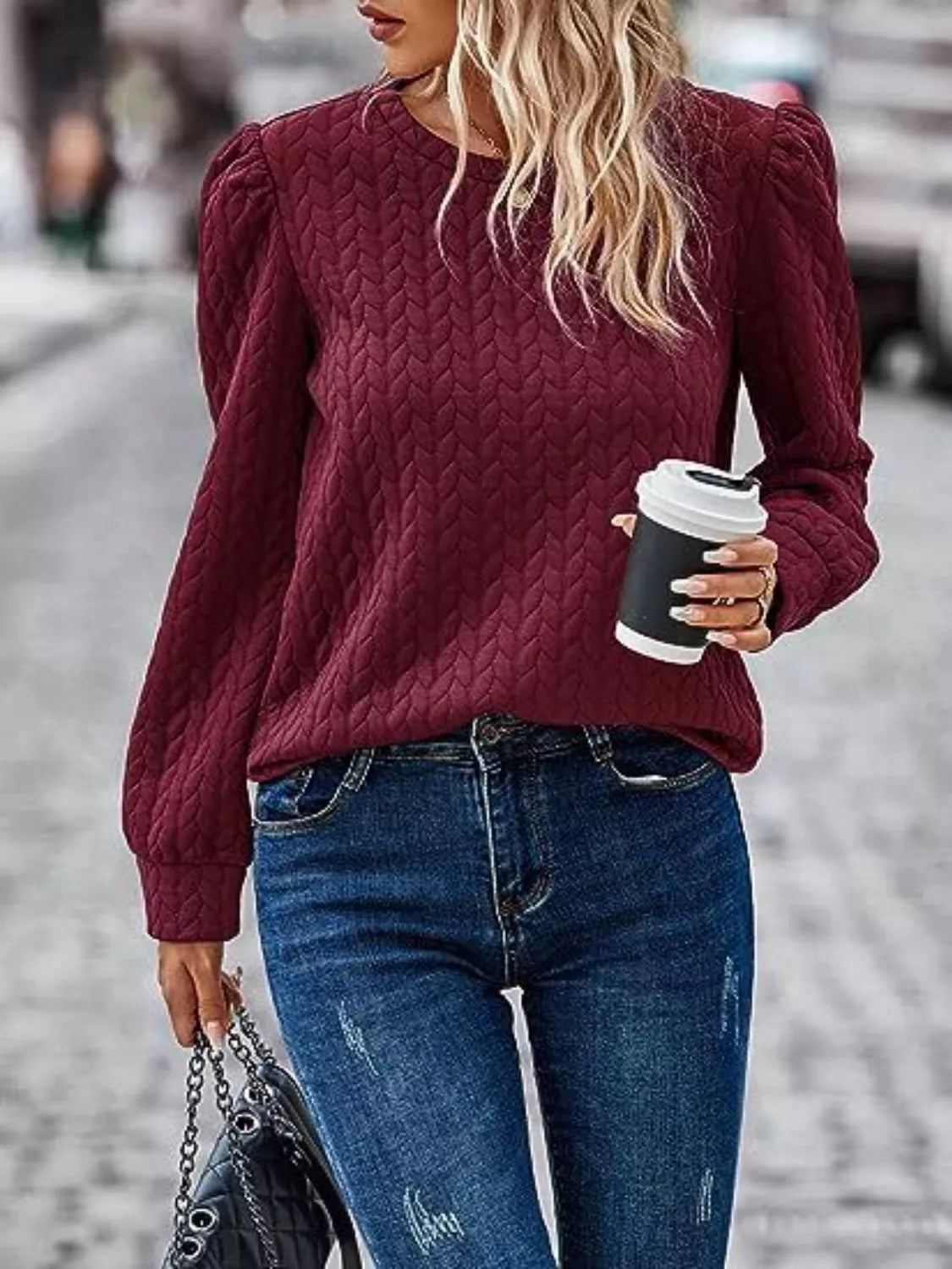 Textured Round Neck Long Sleeve Blouse