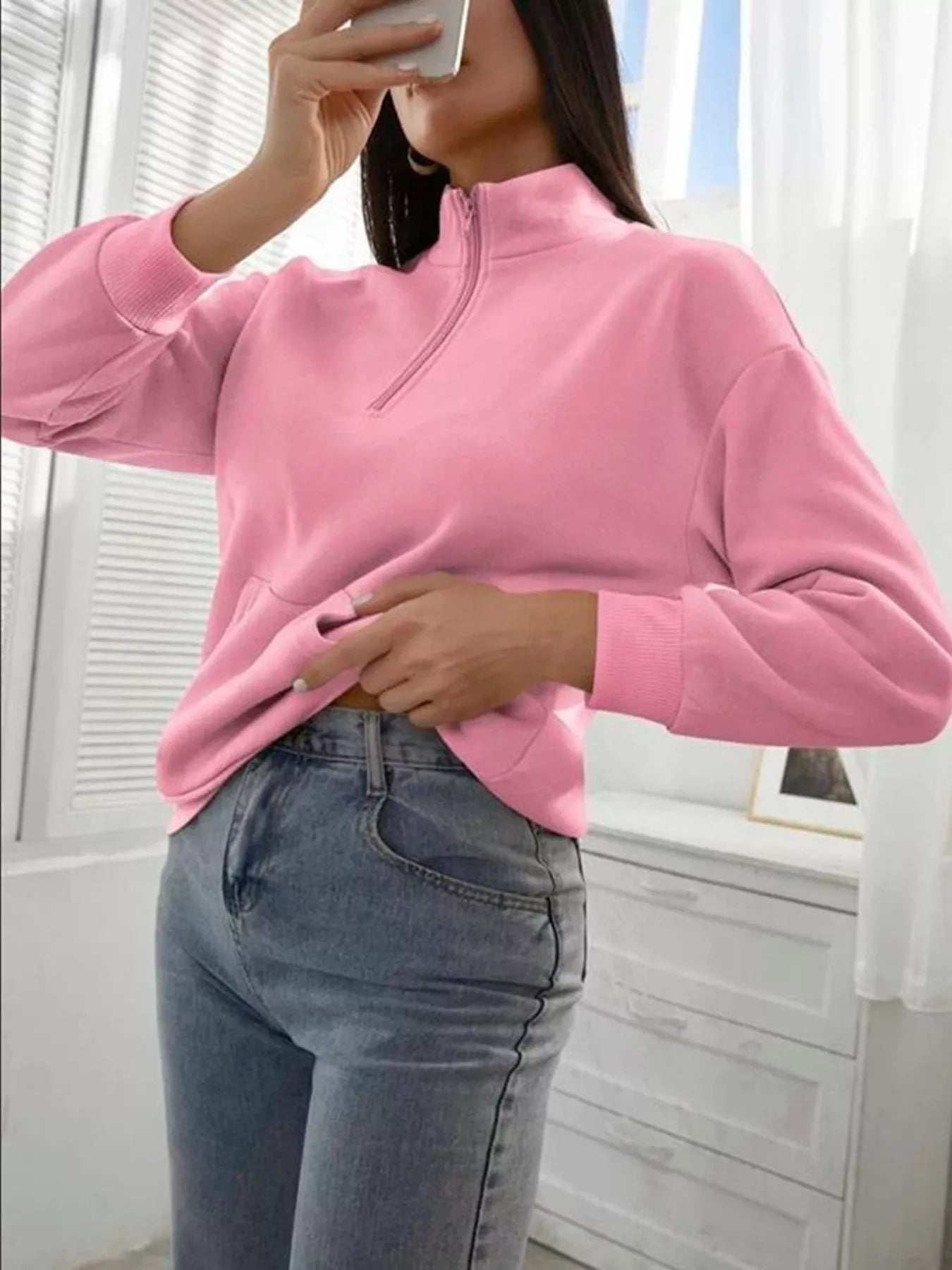 Zip-Up Collar Sweatshirt with Pocket