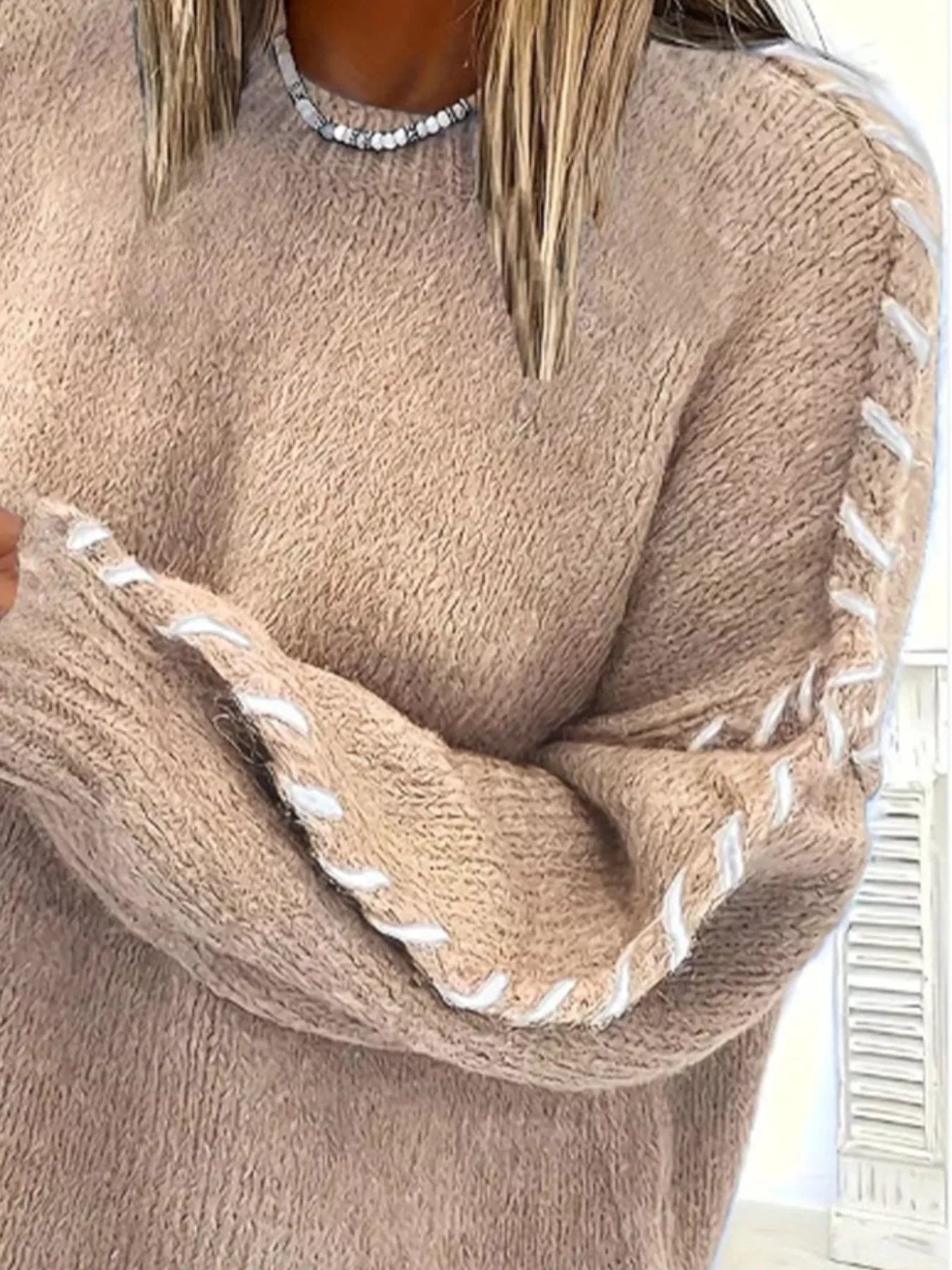 Contrast Stitching Dropped Shoulder Sweater