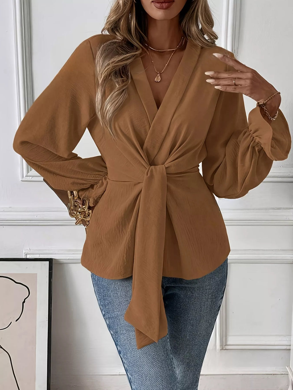 Knot Front Flounce Sleeve Blouse