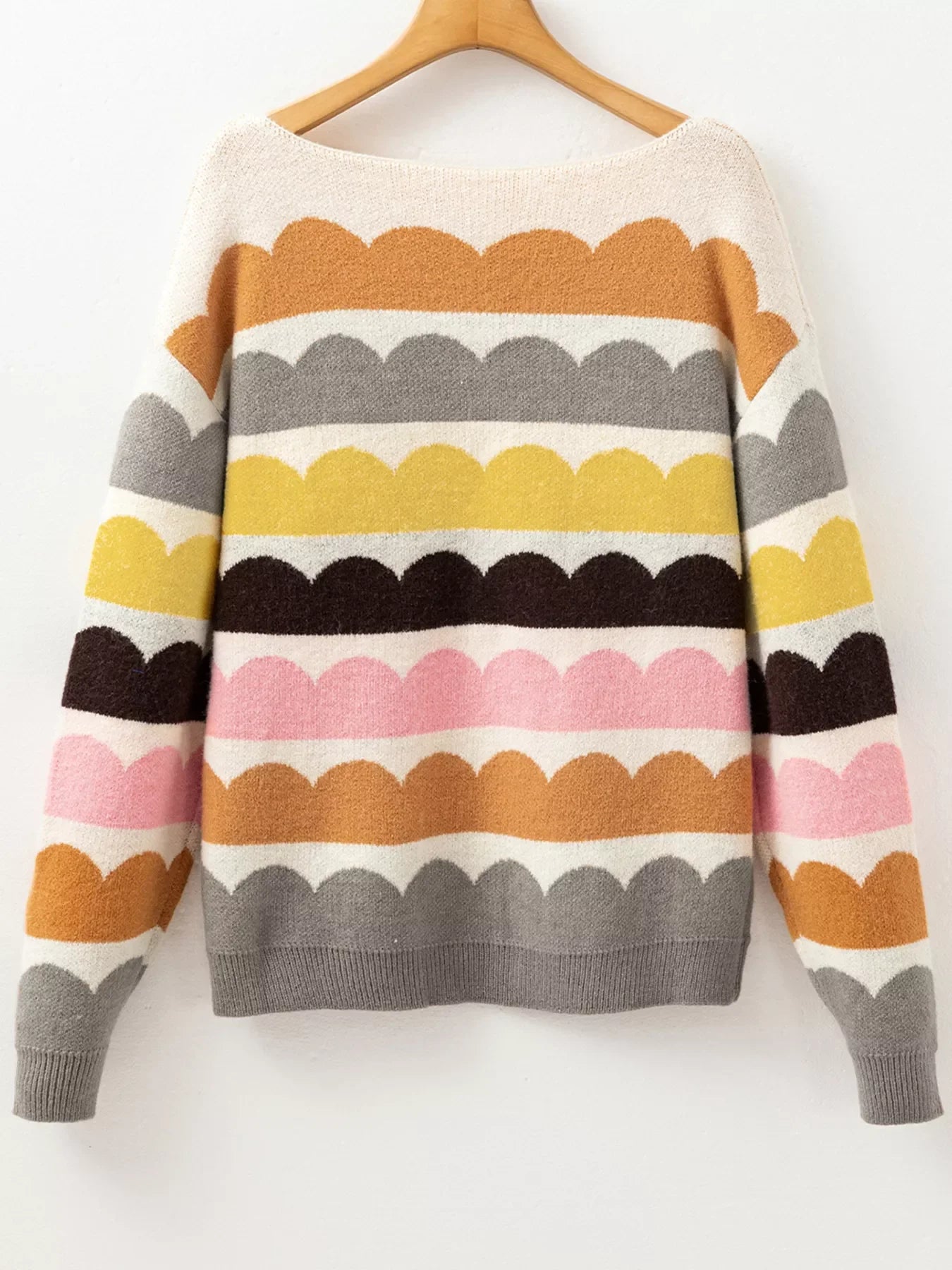 Wave Striped Balloon Sleeve Drop Shoulder Sweater