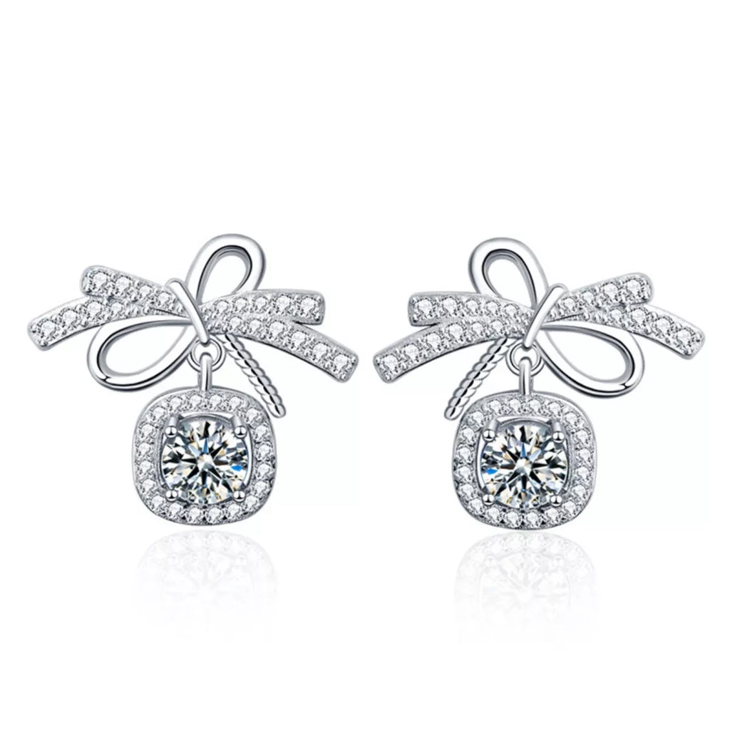 925 Sterling Silver Moissanite Bowknot Drop Earrings