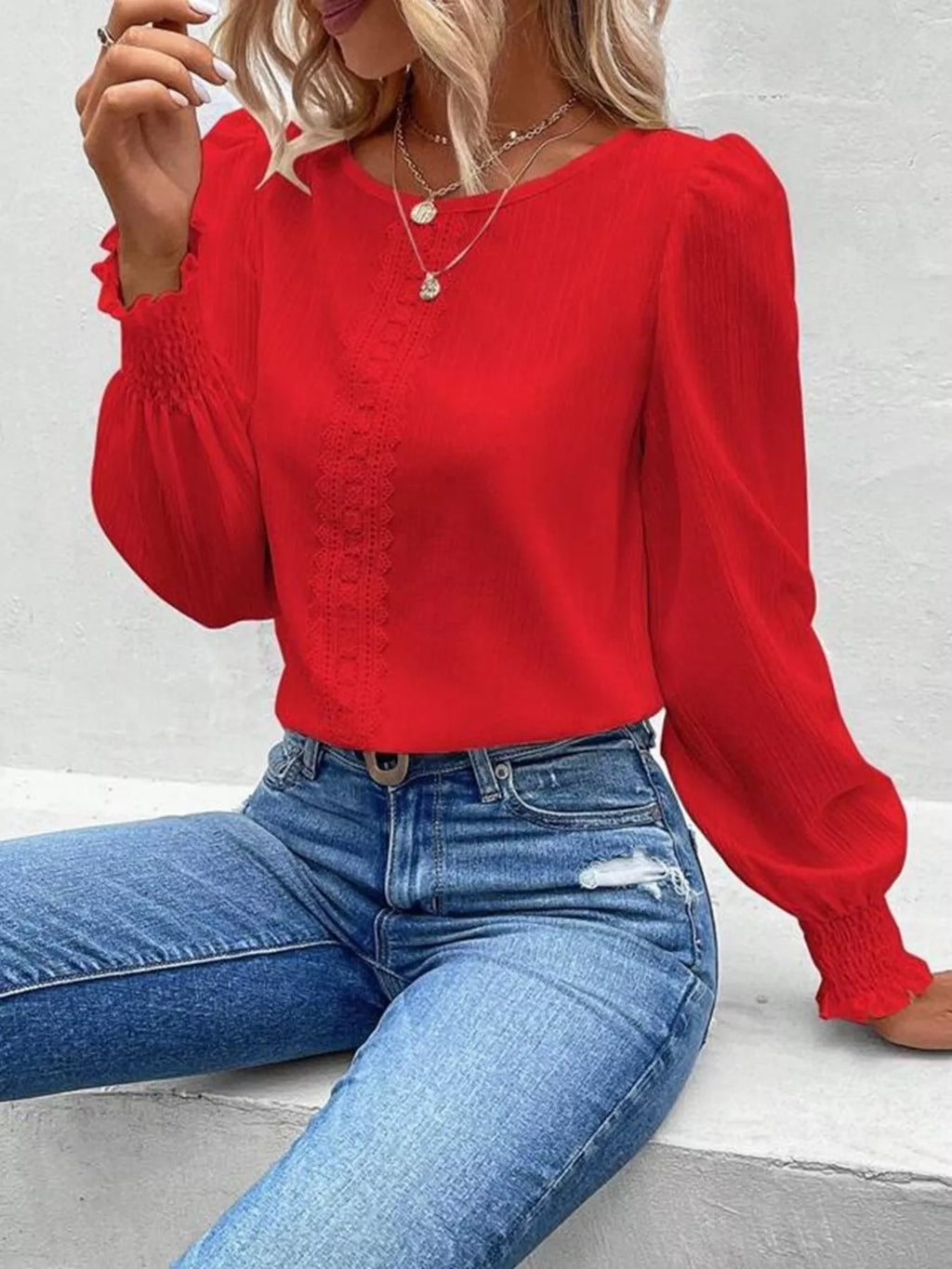 Lace Trim Long Sleeve Blouse