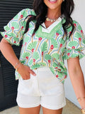 Printed V-Neck Flounce Sleeve Blouse