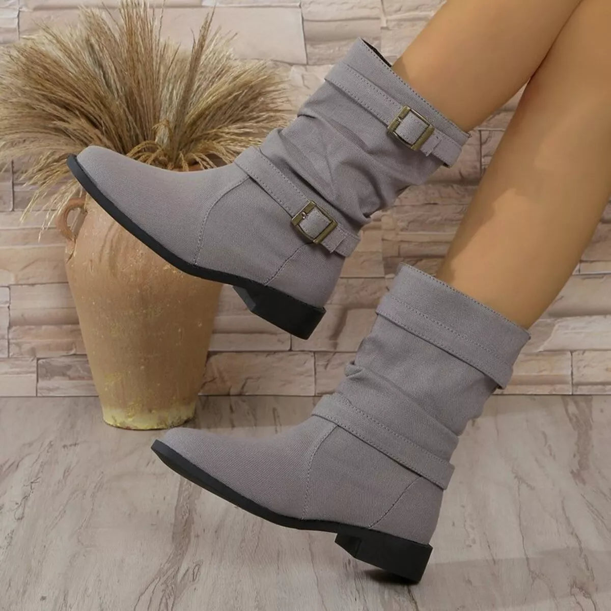Buckle Accent Block Heel Boots