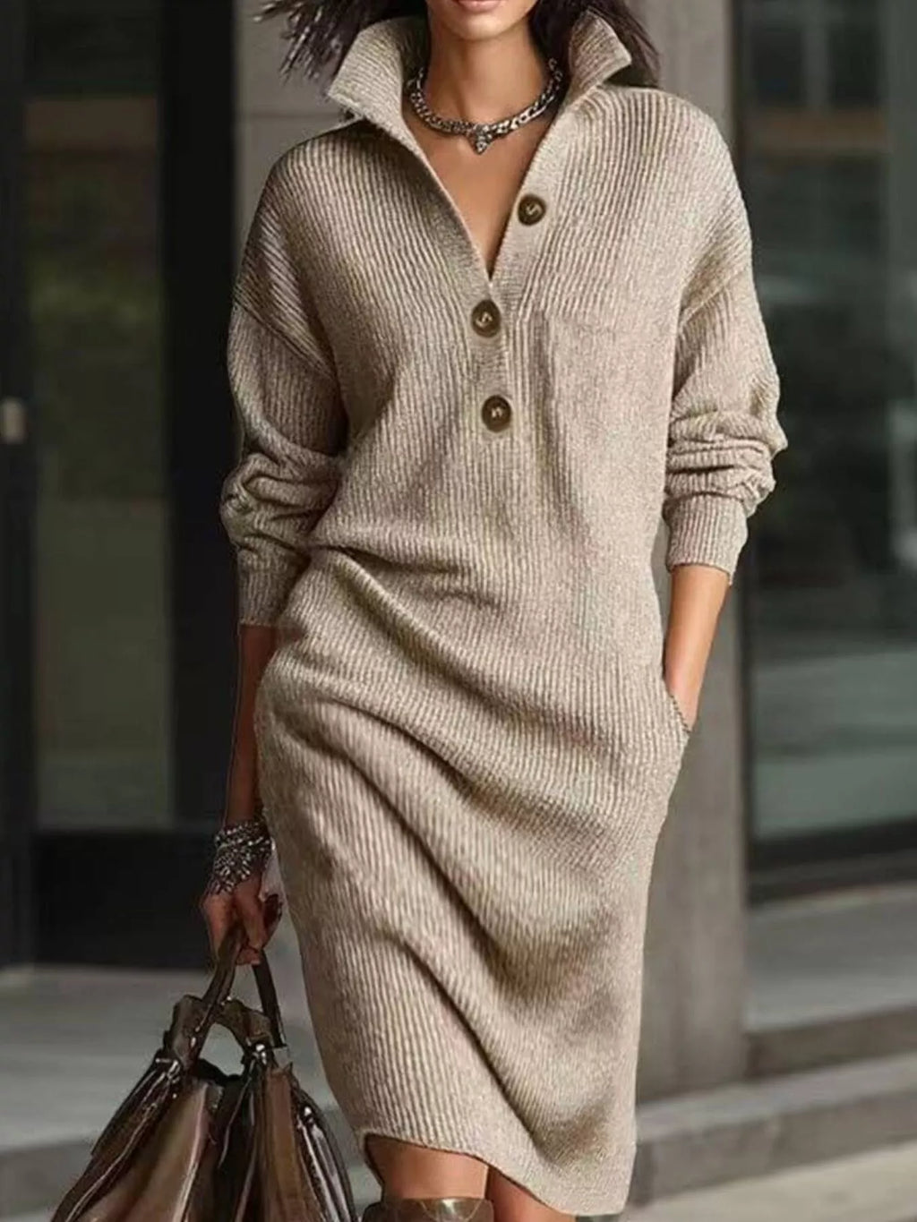 Full Size Button-Front Ribbed Knit Sweater Dress Plus Size