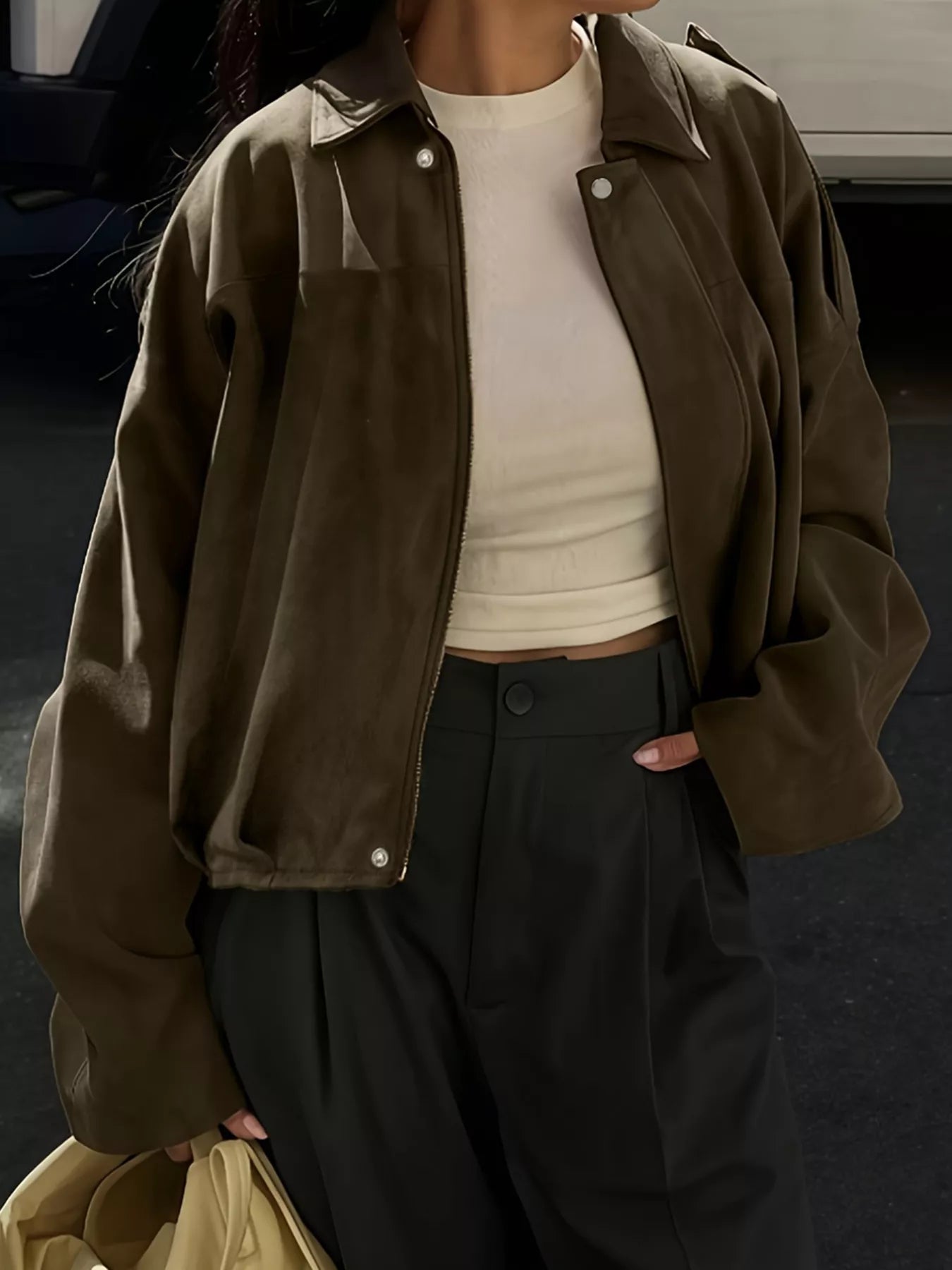 Plus Size Suede Cropped Bomber Jacket