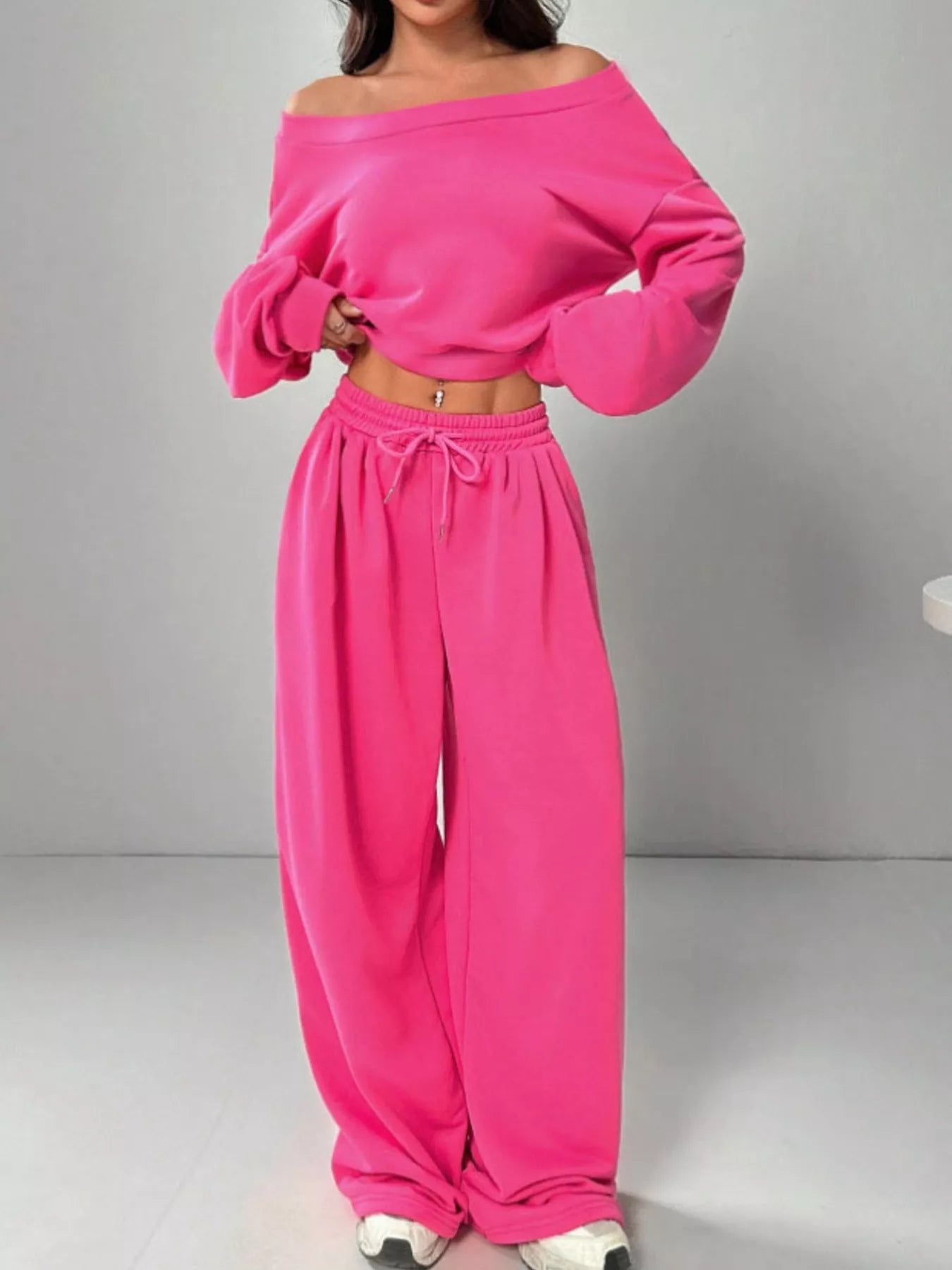 Boat Neck Long Sleeve Top and Pants Set