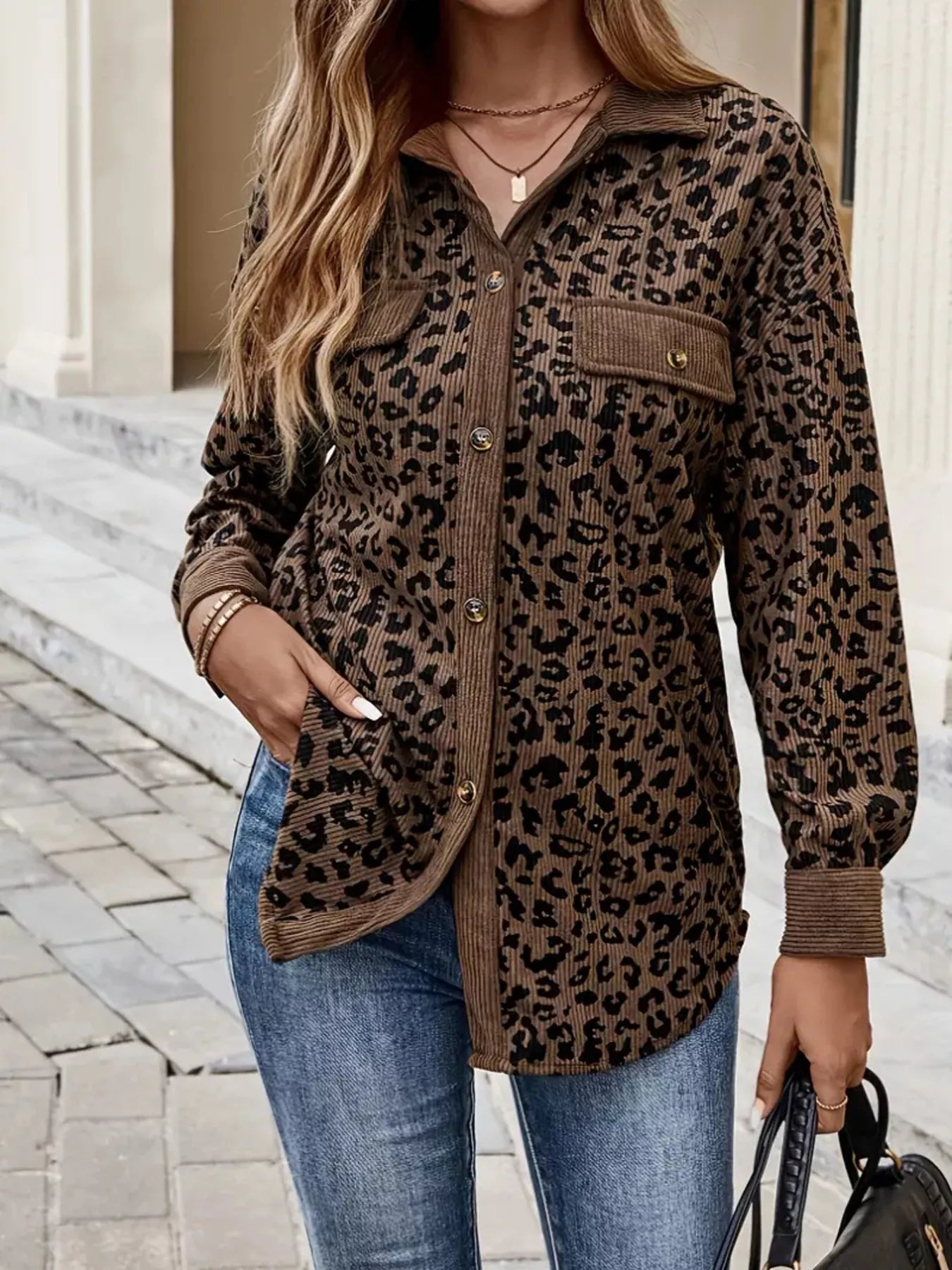 Leopard Print Corduroy Button-Up Jacket
