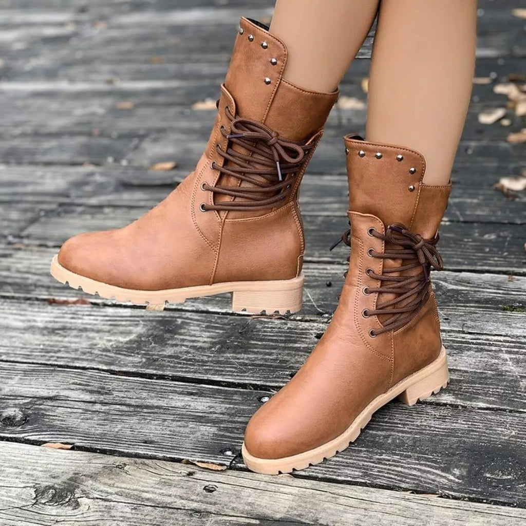 Lace Up Block Heels Boots