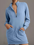 Zip Up Collared Ribbed Patchwork Sweatshirt Dress with Pockets