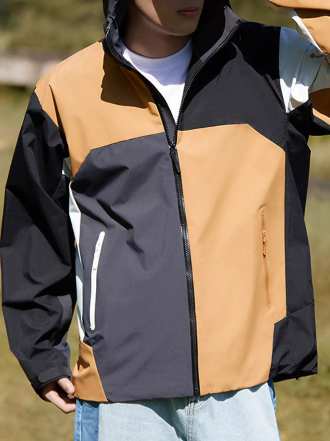 Men's Full Size Color Block Windproof Hooded Jacket Plus Size