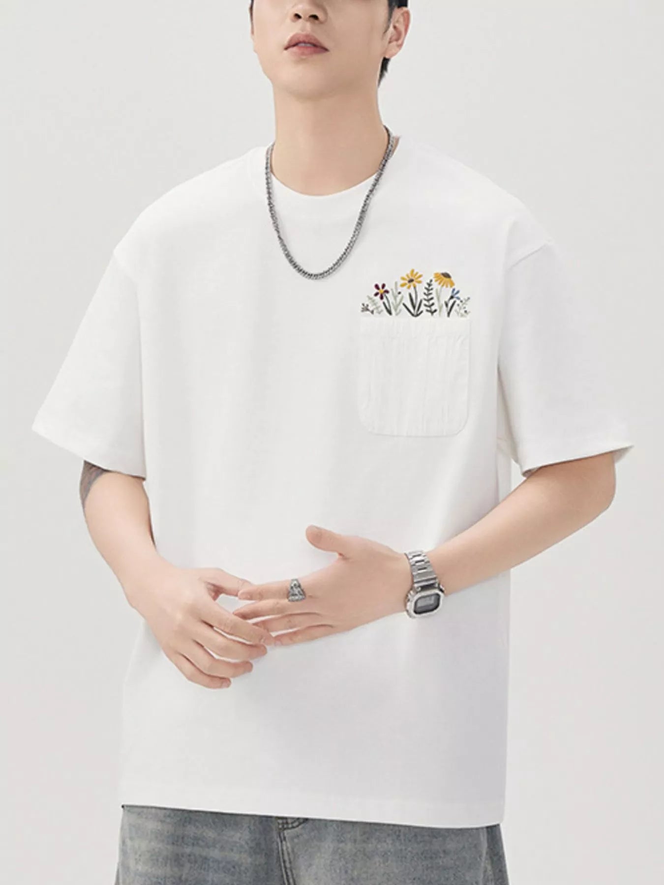 Men's Plus Size Floral Pocket Embroidered Casual T-Shirt