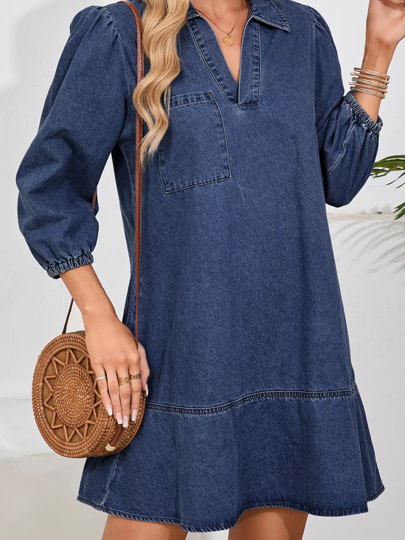V Neck Collared Single Chest Pocket Long Sleeve Denim Dress