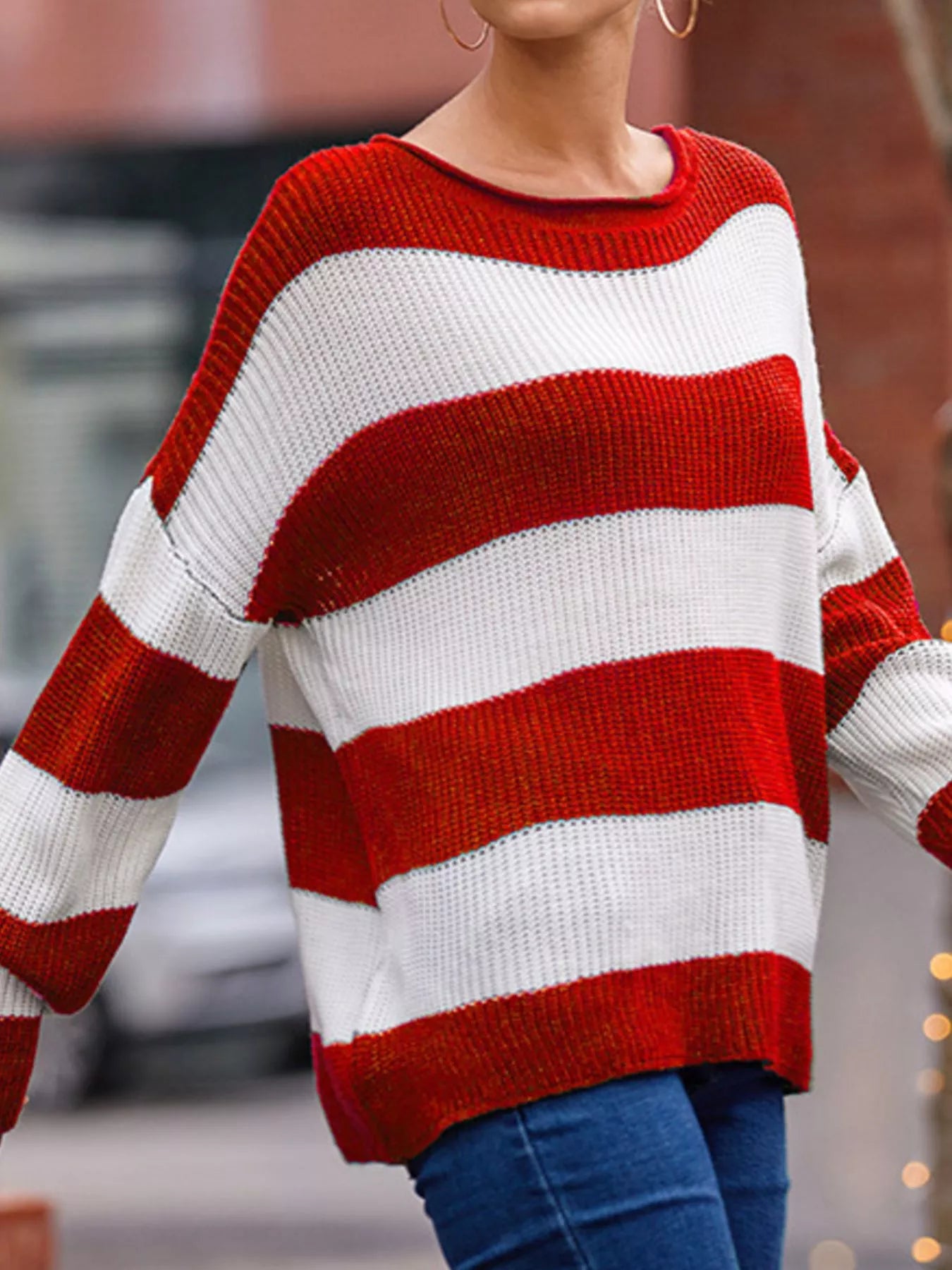 Full Size Contrast Striped Round Neck Sweater Plus Size