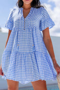Gingham Short Sleeve Button Tie Split Neck Loose Mini Dress