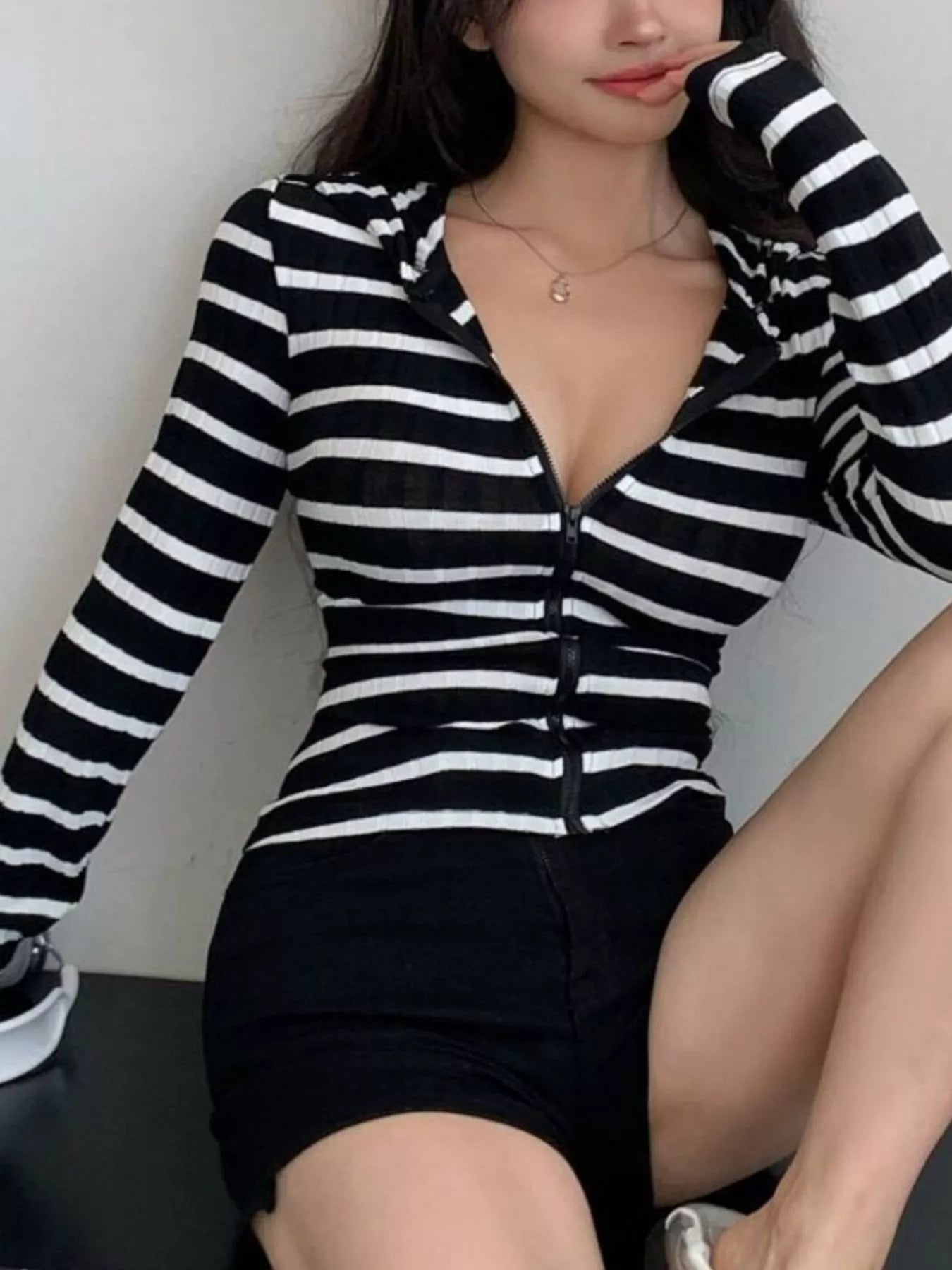 Striped Zip-Up Hooded Top
