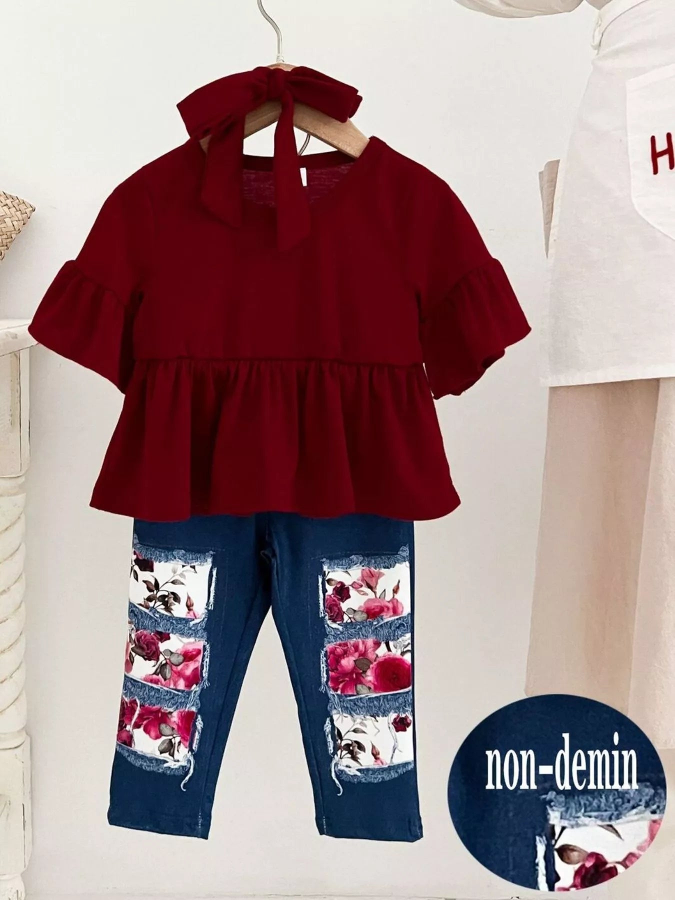Children's Ruffle Sleeve Top & Floral Patch Pants Set
