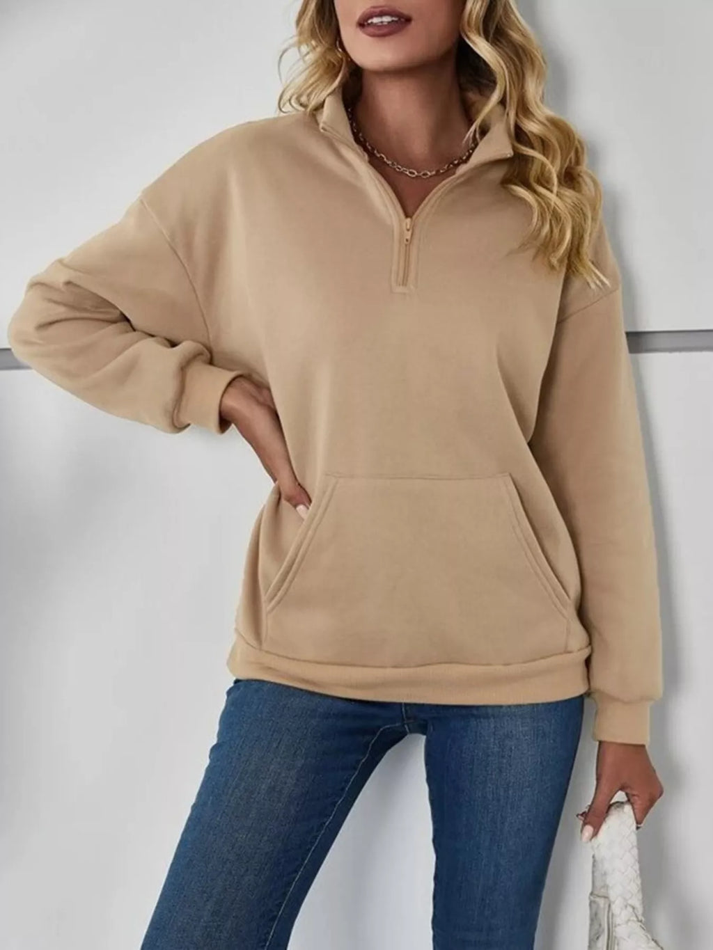 Zip-Up Collar Sweatshirt with Pocket