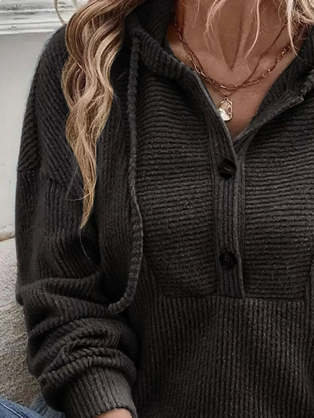 Button-Front Drawstring Hoodie