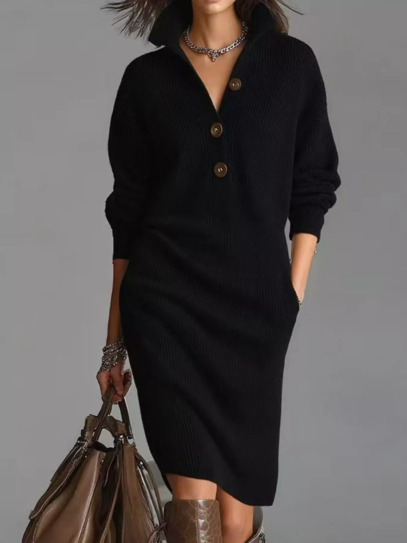 Full Size Button-Front Ribbed Knit Sweater Dress Plus Size