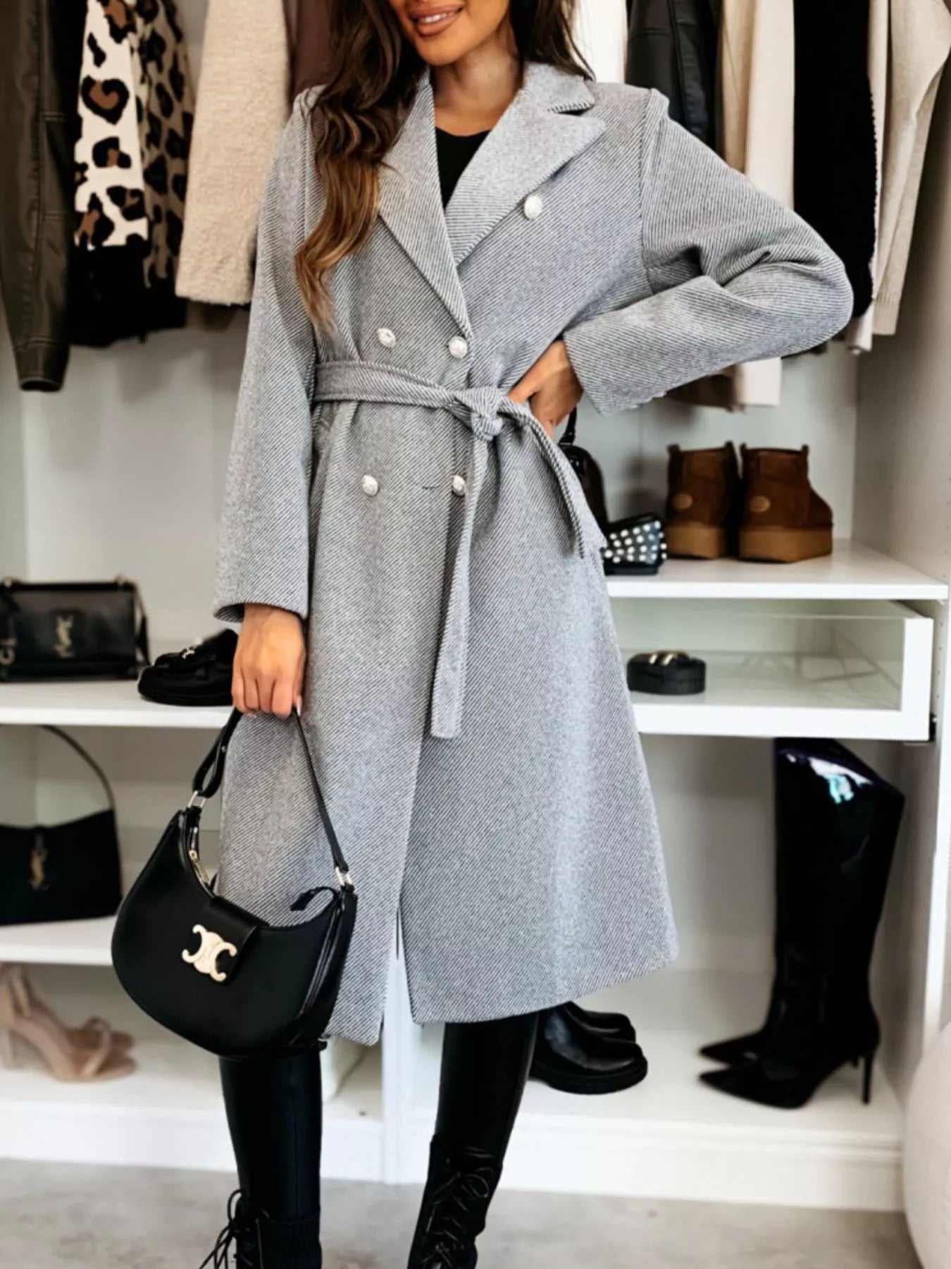 Double-Breasted Tie Waist Overcoat