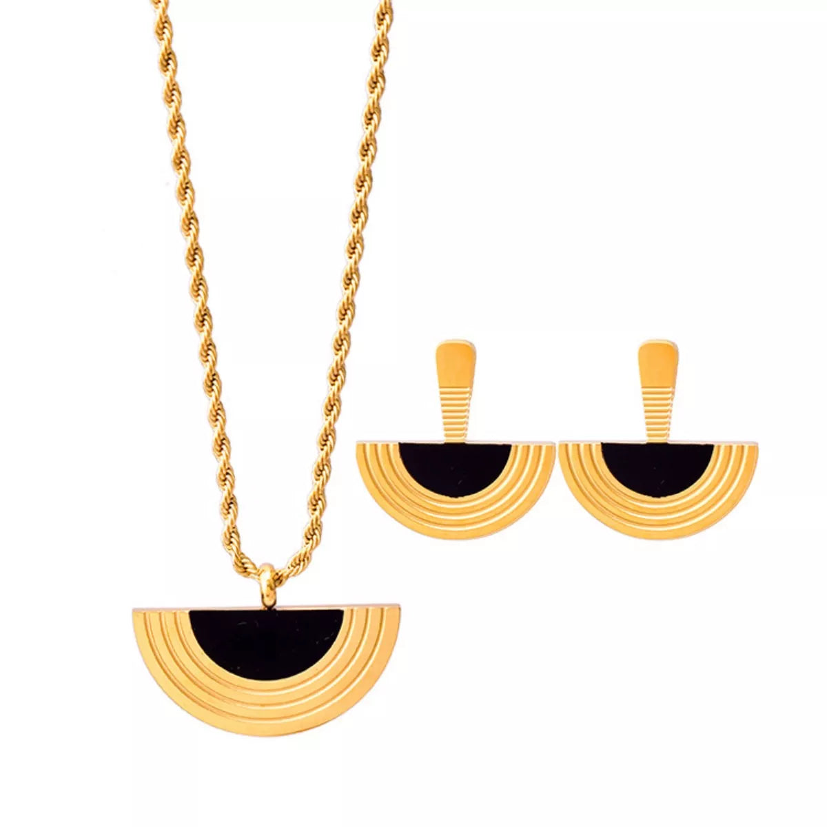 Geometric Half-Circle 18K Gold Plated Necklace Ring and Earrings Jewelry Set