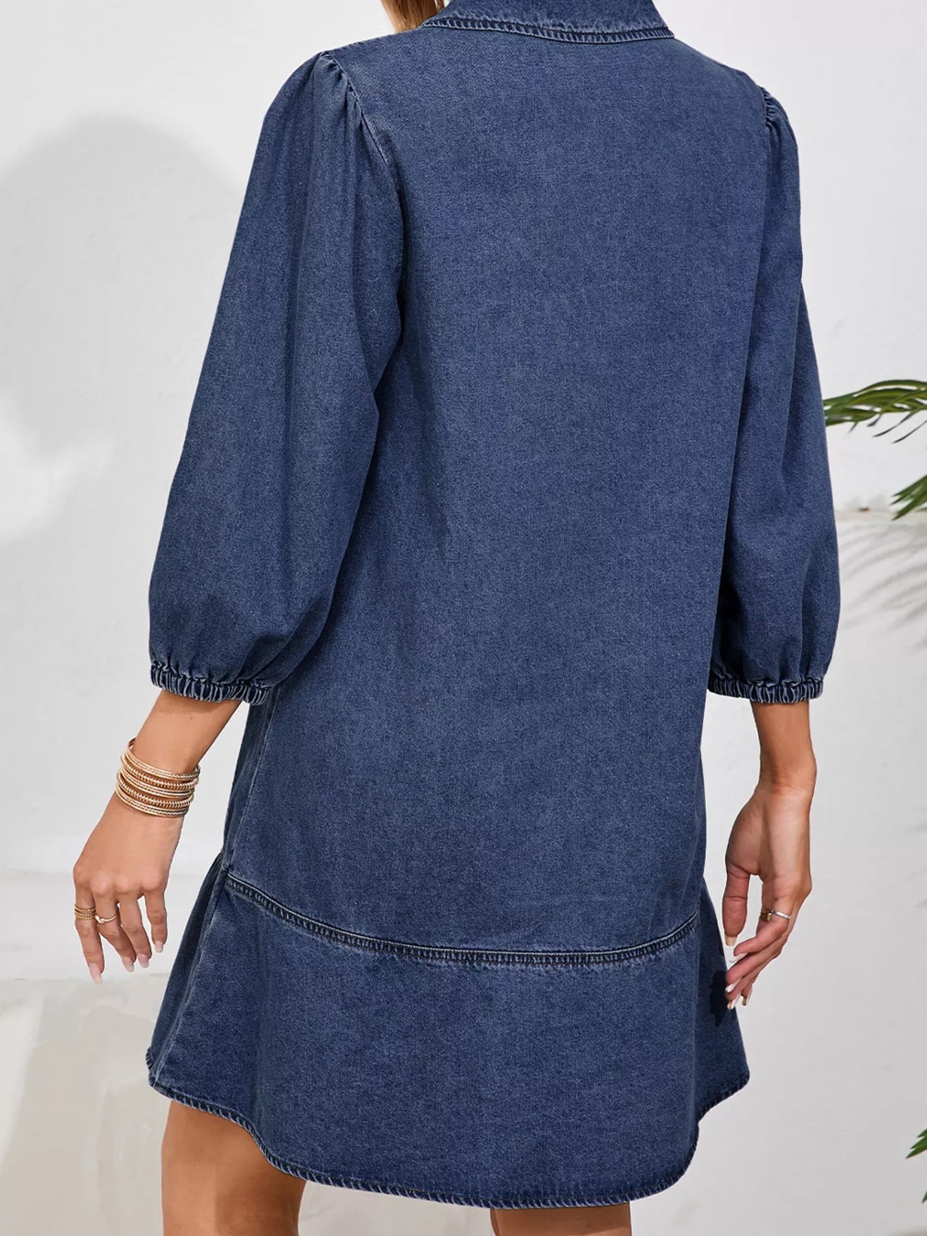 V Neck Collared Single Chest Pocket Long Sleeve Denim Dress