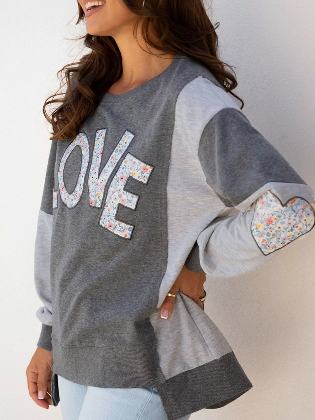 LOVE Graphic Exposed Seam Patchwork Uneven Hem Chic Sweatshirt