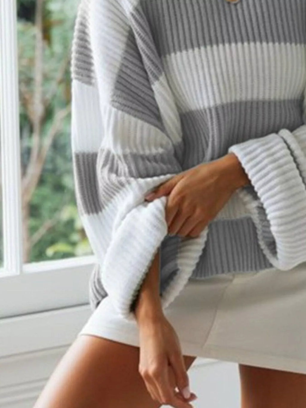 Full Size Contrast Striped Round Neck Sweater Plus Size