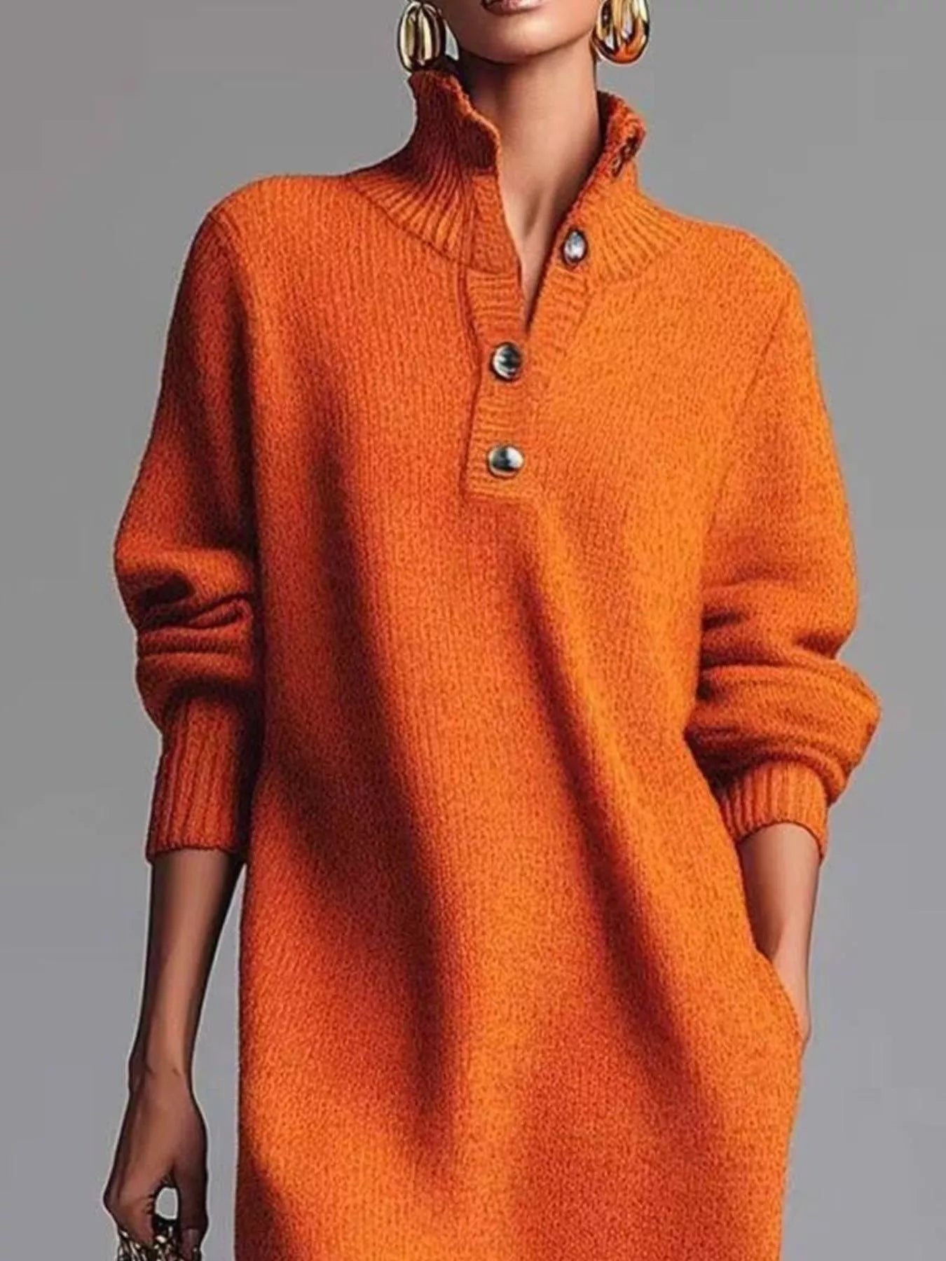 Full Size Button-Front Ribbed Knit Sweater Dress Plus Size