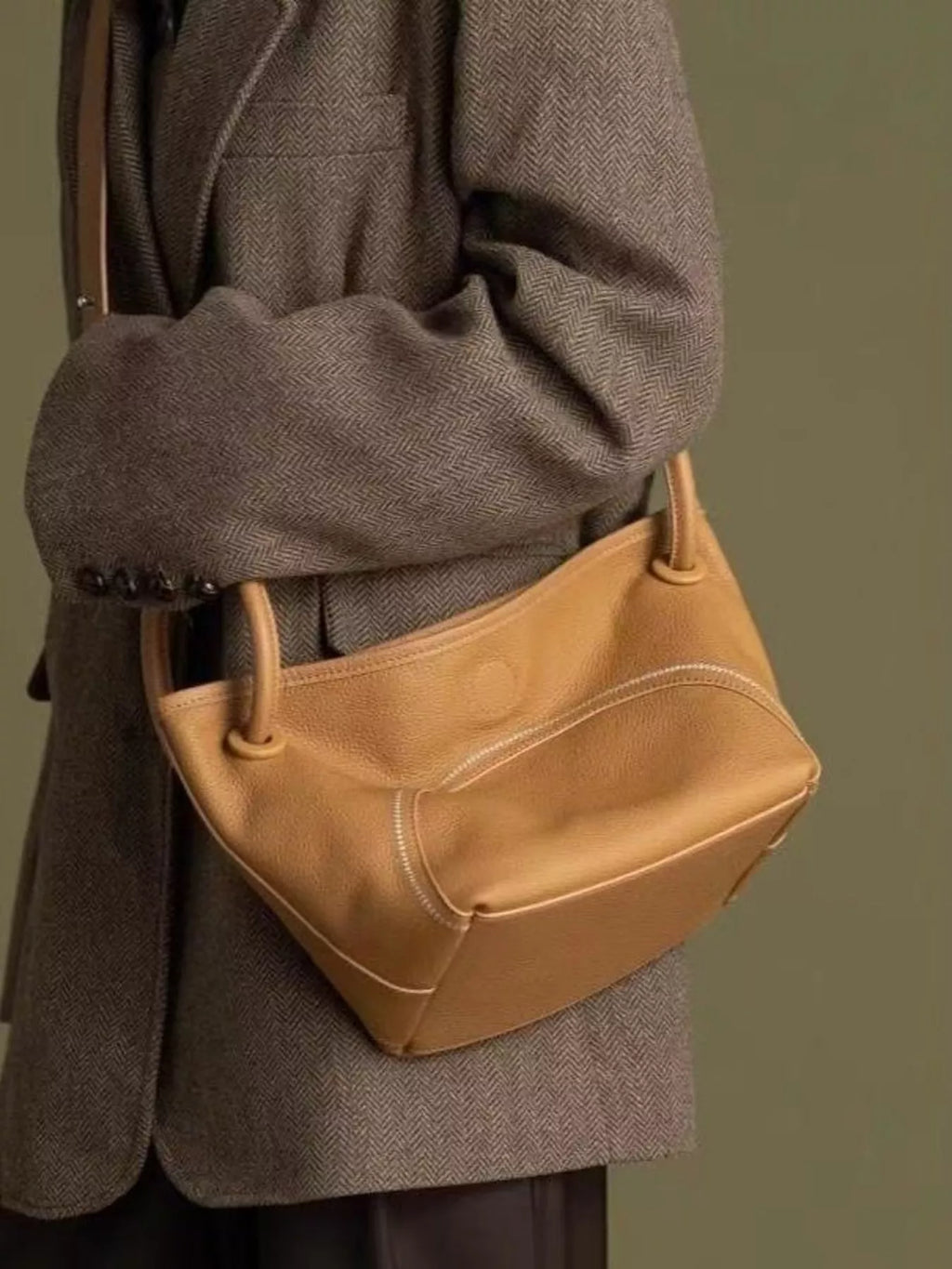 Leather Round Handle Tote Bag