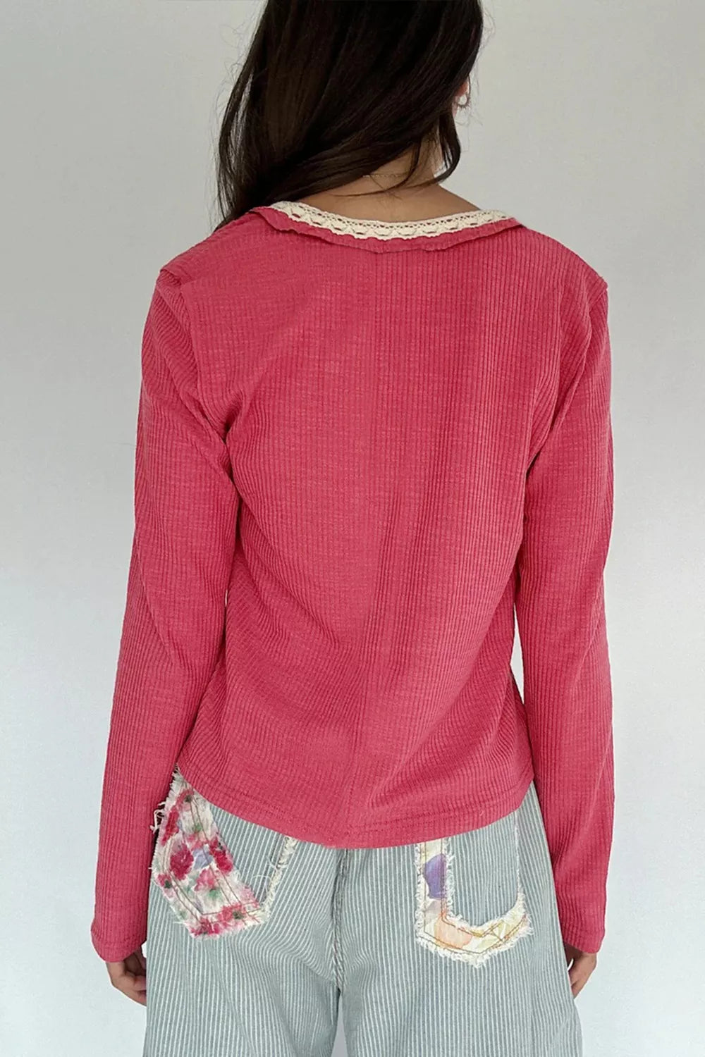 Lace Trim Ribbed Knit Henley Blouse
