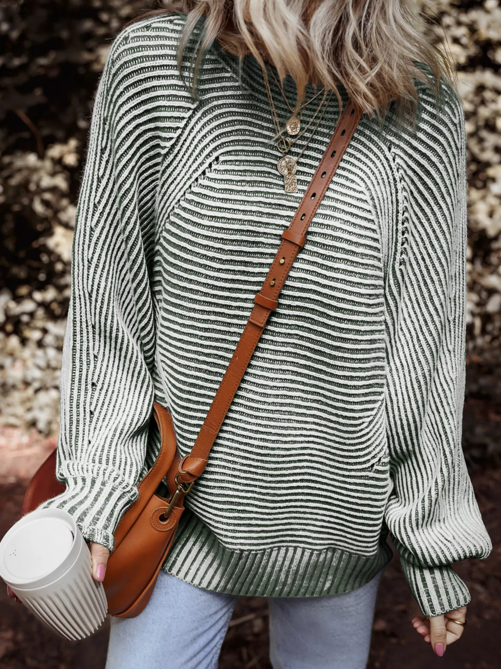 Striped Ribbed Knit Boat Neck Baggy Sweater