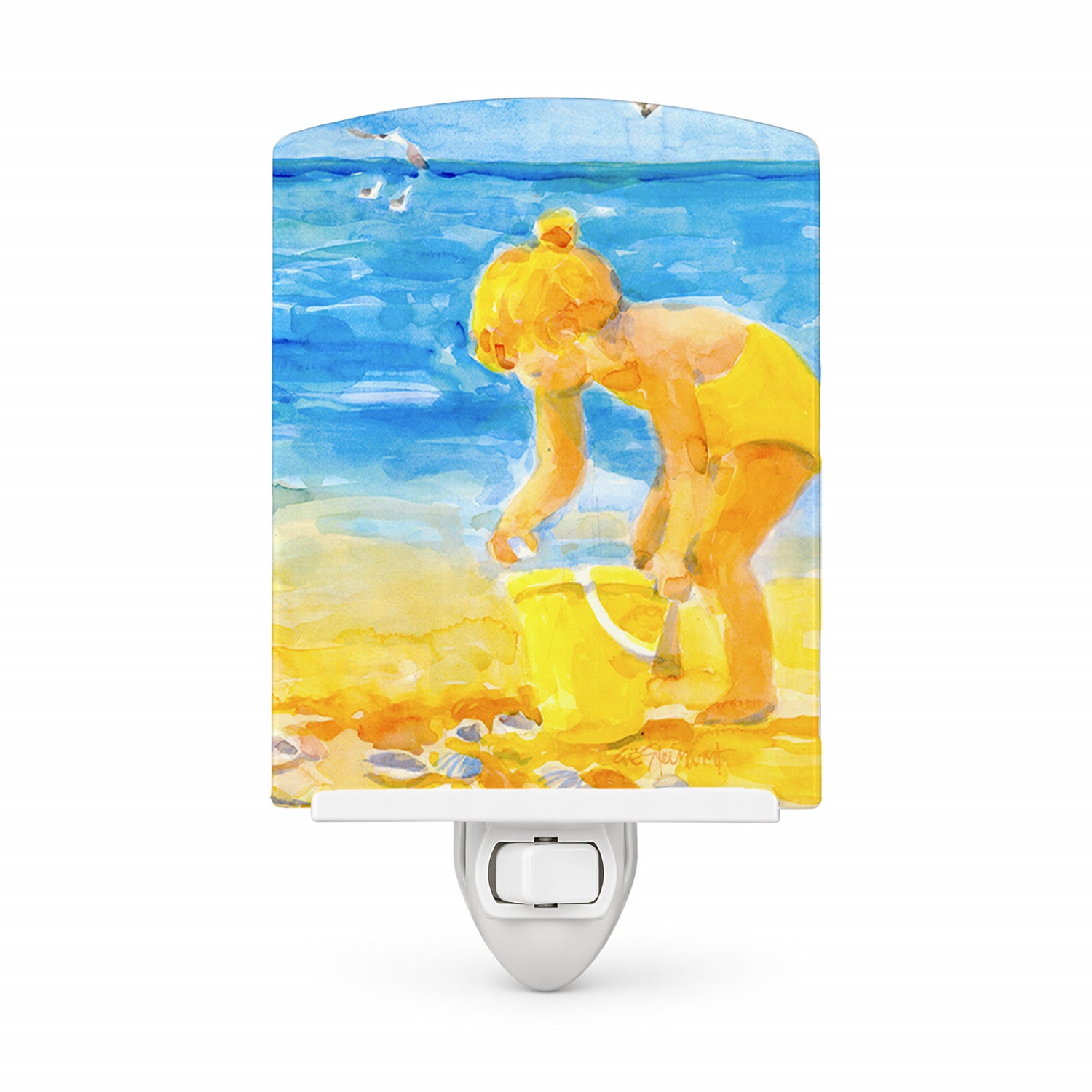 Little Girl at the beach Ceramic Night Light Compact, UL-Certified, Ideal for Bedroom, Bathroom, Nursery, Hallway, Kitchen, 6x4x3, Multicolor