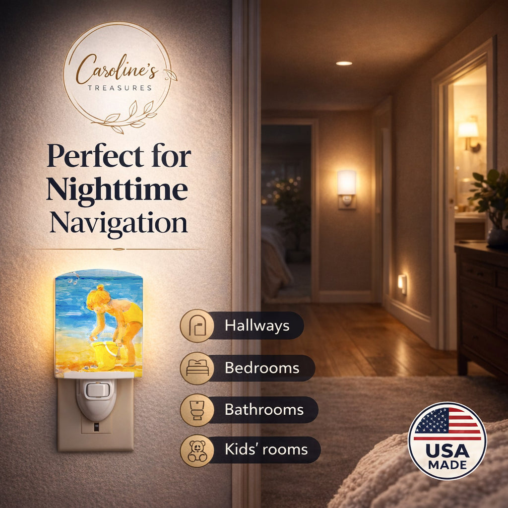Little Girl at the beach Ceramic Night Light Compact, UL-Certified, Ideal for Bedroom, Bathroom, Nursery, Hallway, Kitchen, 6x4x3, Multicolor
