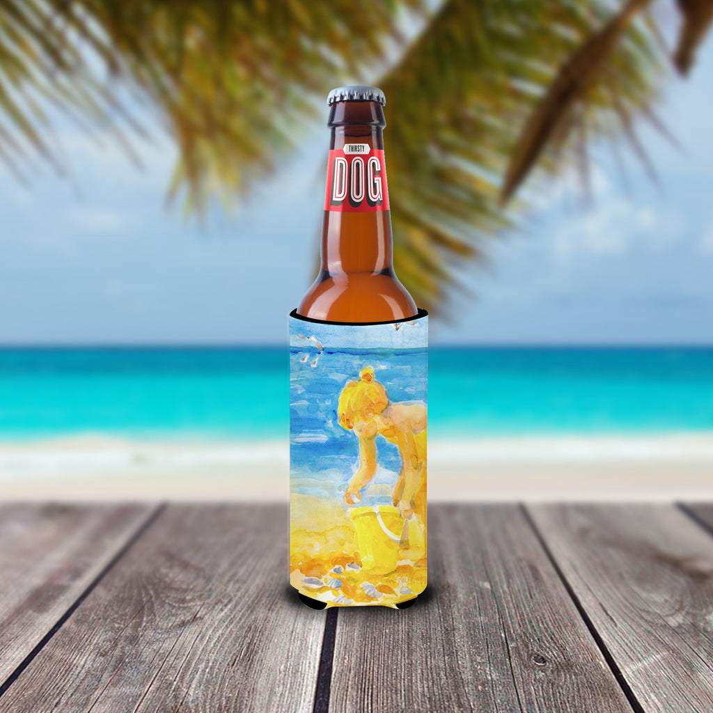 Little Girl at the beach Slim Can Hugger , Insulated Foam Hugger for 12 oz Slim Cans, Beer Bottles & Water Bottles, Printed in USA