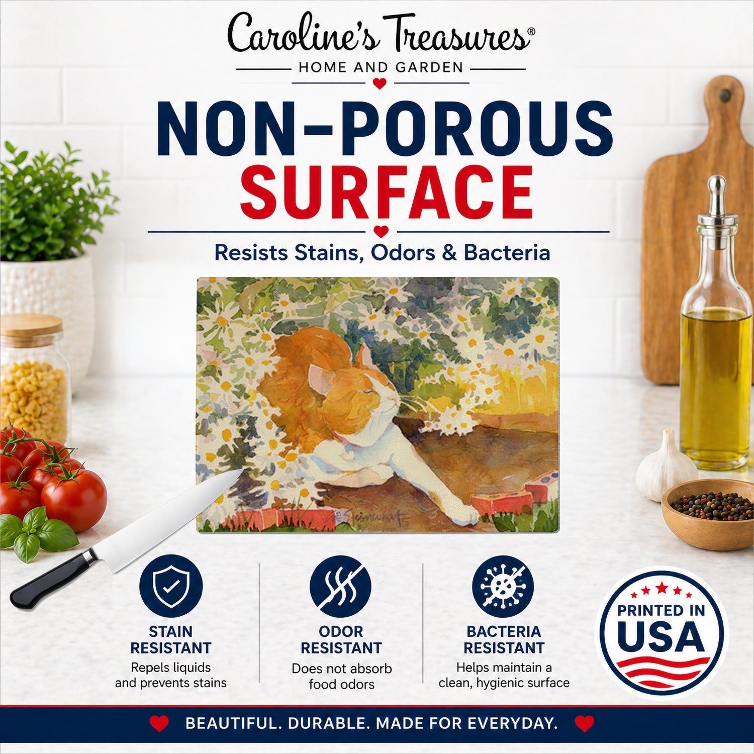 Cat Cutting Board Tempered Glass Kitchen Cutting Surface, Heat Resistant Chopping, Non-Slip Feet, Food Prep & Serving