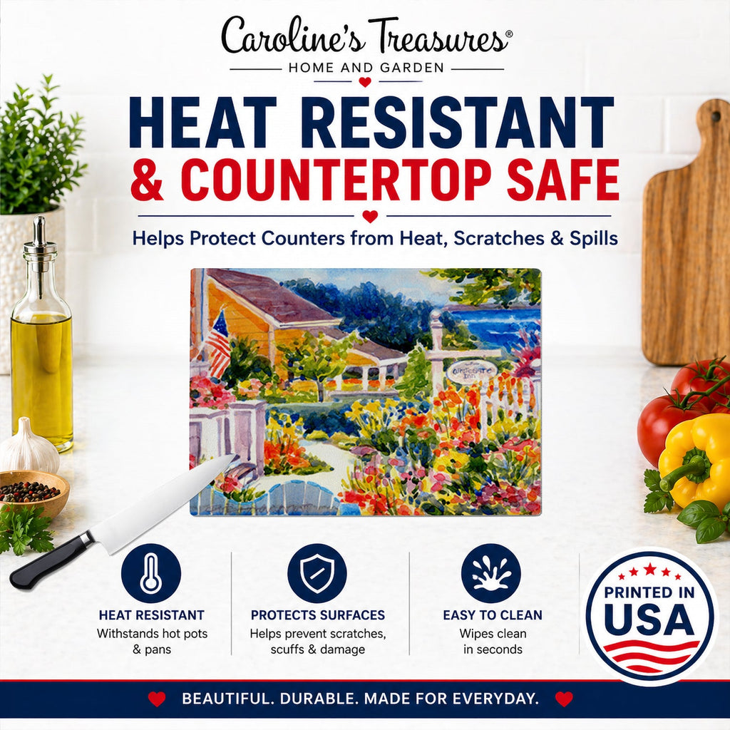Seaside Beach Cottage Cutting Board Tempered Glass Kitchen Cutting Surface, Heat Resistant Chopping, Non-Slip Feet, Food Prep & Serving