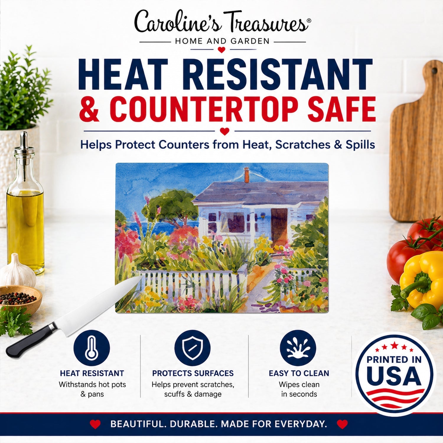 Seaside Beach Cottage Cutting Board Tempered Glass Kitchen Cutting Surface, Heat Resistant Chopping, Non-Slip Feet, Food Prep & Serving