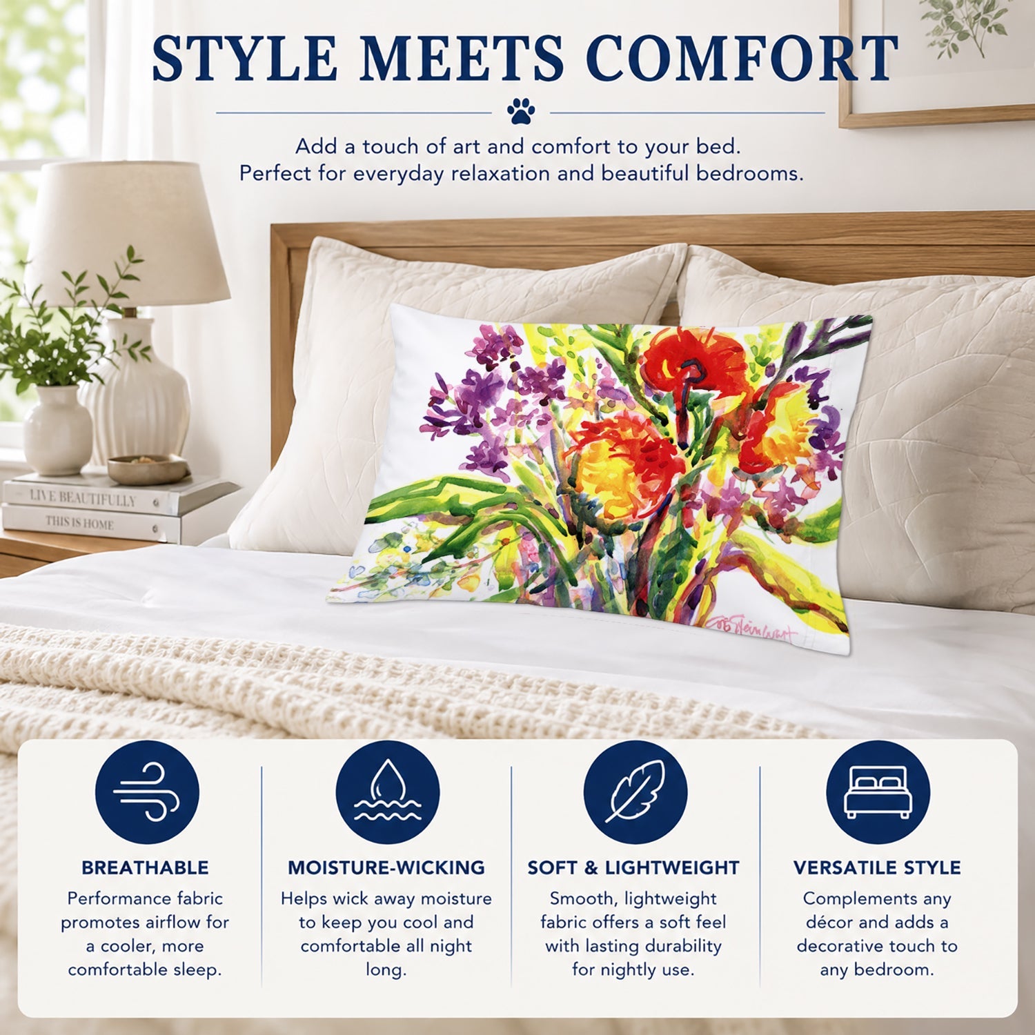 Flower Standard Pillowcase Lightweight Super Soft Easy Care Decorative Artwork Pillowcase, Standard