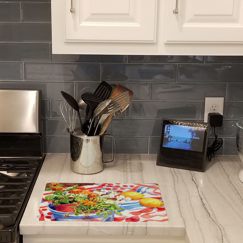 Flowers with a side of lemons Cutting Board Tempered Glass Kitchen Cutting Surface, Heat Resistant Chopping, Non-Slip Feet, Food Prep & Serving