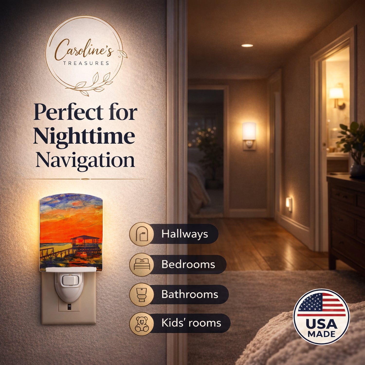 Sunset at the Dock Ceramic Night Light Compact, UL-Certified, Ideal for Bedroom, Bathroom, Nursery, Hallway, Kitchen, 6x4x3, Multicolor