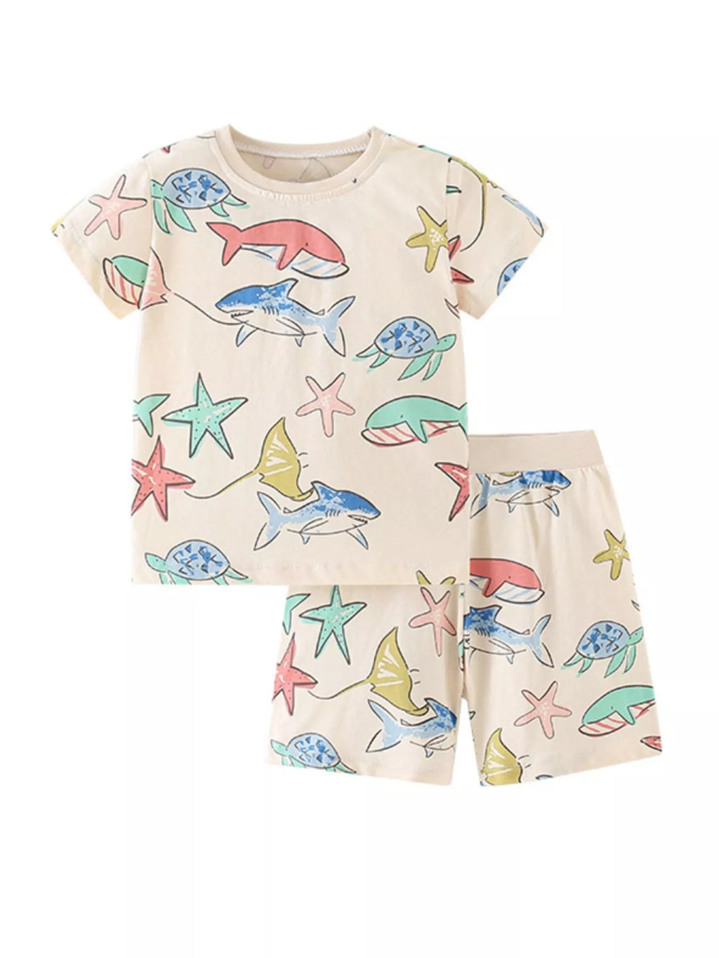 Children's Ocean Print Round Neck Tee and Shorts Set